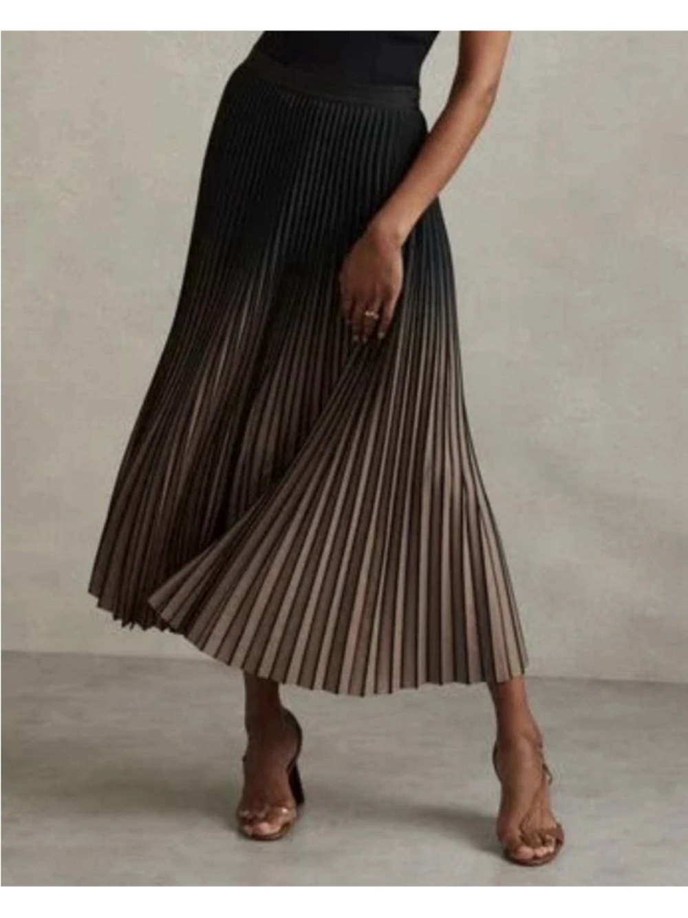 Reiss Ombre Pleated Midi Skirt in Black to Blush